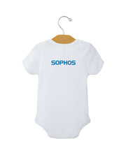 back of white baby onesie with blue sophos text