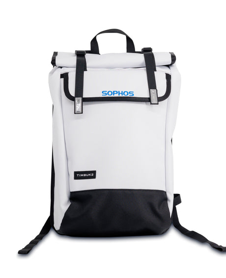 white and black fold down backpack with blue sophos text logo-front view