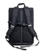 white and black fold down backpack with blue sophos text logo-back view