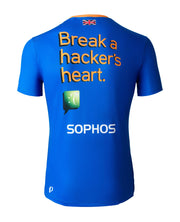 blue short sleeve running shirt with Sophos logos - back view