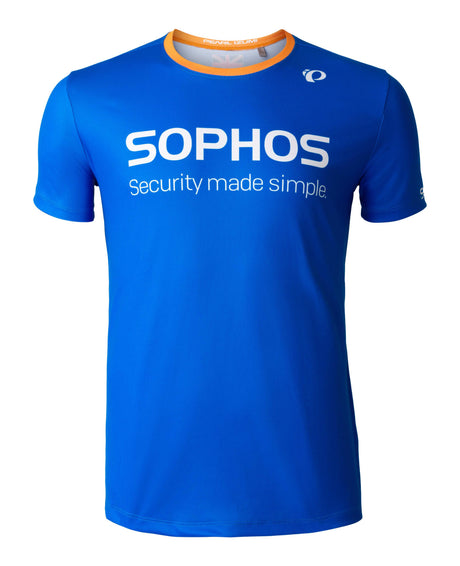 blue short sleeve running shirt with Sophos logos - front view