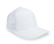 white trucker golf hat with white S shield on front panel-side view