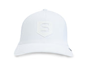 white trucker golf hat with white S shield on front panel-front view