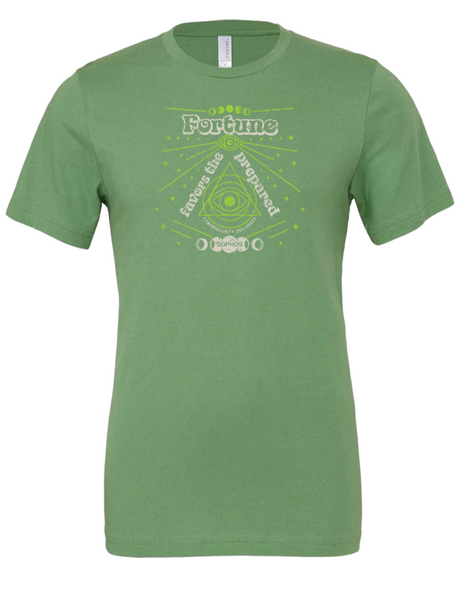 green shirt with fortune favors the prepared third eye triangle design