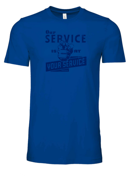 blue shirt with finger pointing out design and "our service is at your service" blue text on chest