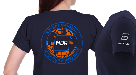 navy shirt with MDR "Sophos managed detection & response" world logo on back of shirt and white MDR Sophos logo on left sleeve
