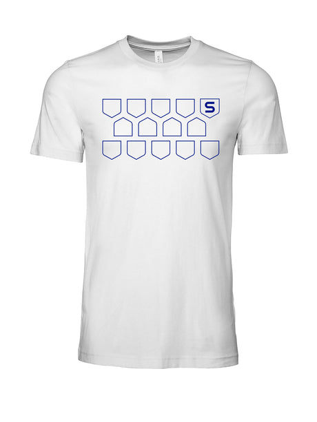 white shirt with blue open multi-shield design with S shield