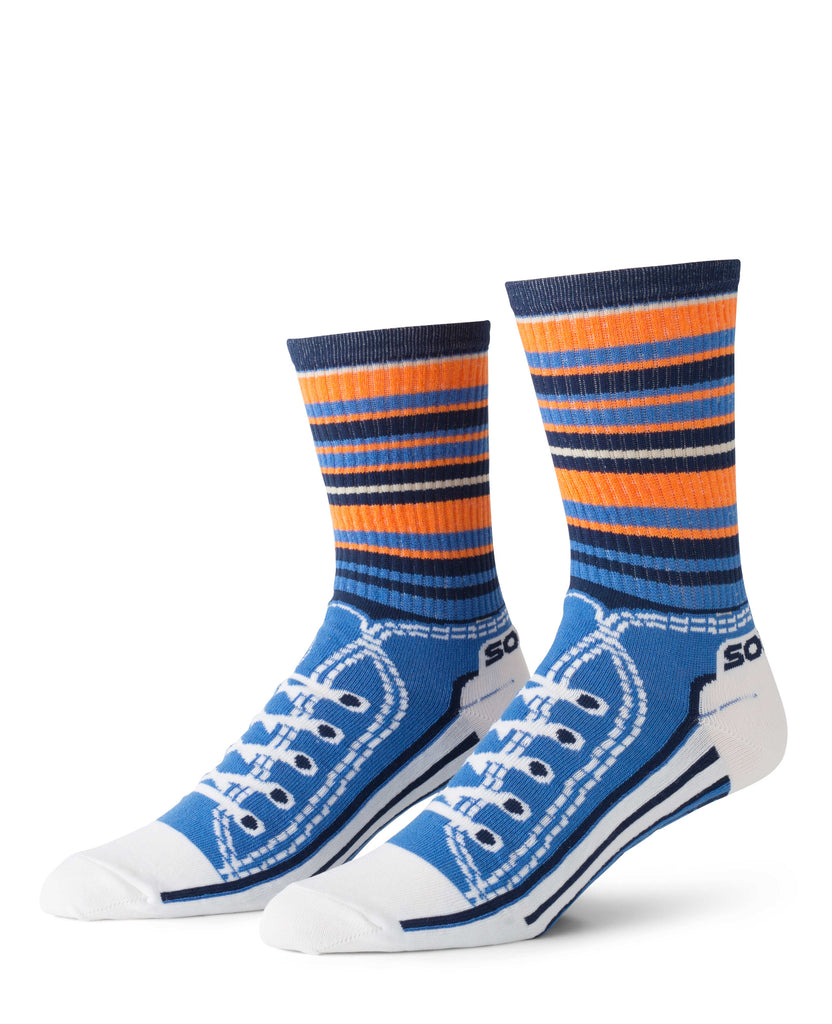 orange and blue socks with sneaker design