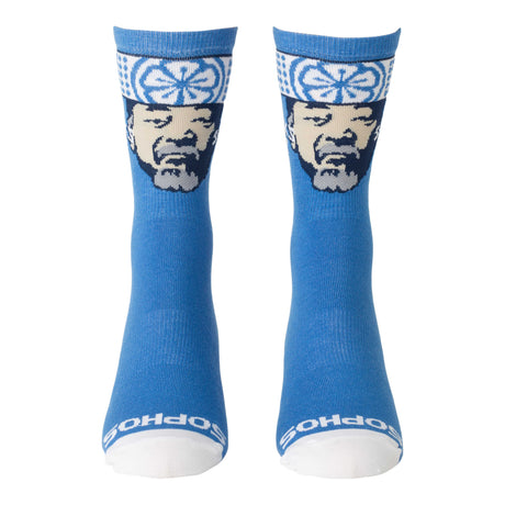 blue socks with karate kids's Mr Miyagi face on front