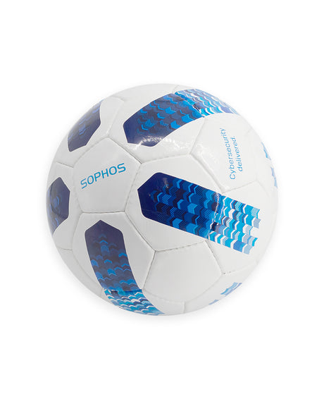 white soccer bacll with blue faded stripes and blue Sophos text logo and "Cybersecurity delivered" text