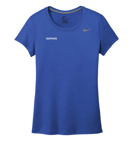 blue shirt with white sophos text logo on upper right chest