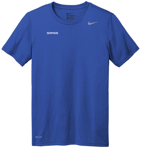 blue shirt with white sophos text logo on upper right chest 
