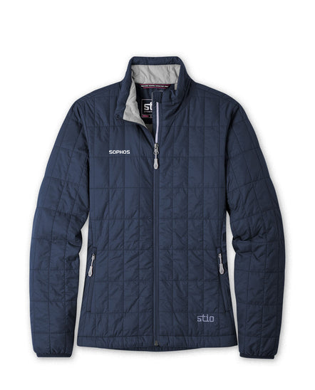 navy blue Stio puffy jacket with white Sophos text logo on right chest