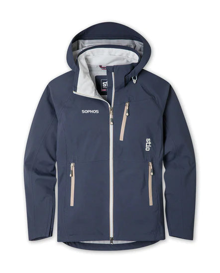 navy blue Stio hooded ski jacket with white Sophos text logo on right chest