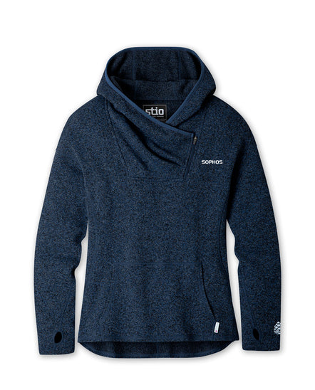 navy blue Stio hooded pullover fleece with white Sophos text logo on left chest