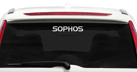 Sophos text logo window sticker affixed to back of car window