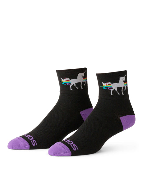 black and purple ankle high socks with rainbow and unicorn design