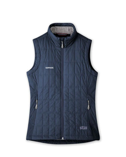 navy blue Stio puffy vest with white Sophos text logo on right chest