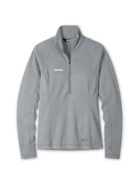grey half zipper Stio fleece with white Sophos text logo on right chest