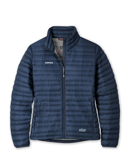 navy blue Stio down puffy jacket with white Sophos text logo on right chest
