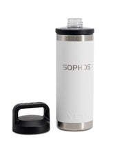 white bottle with black handle lid with silver sophos text logo-lid removed
