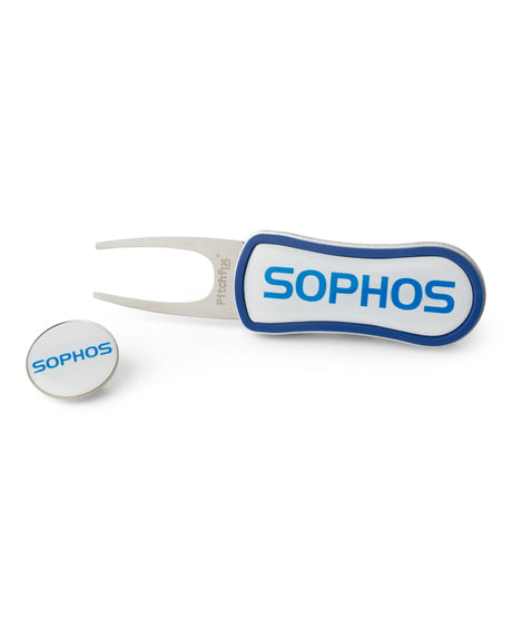 white and blue golf divot tool with blue sophos text logo