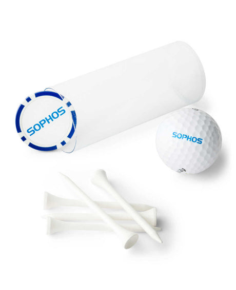 Sophos branded golf, chip and tees outside of container