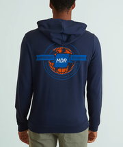 back view of full zip hoodie with MDR "Sophos managed detection & response" world logo on back and white MDR Sophos logo on left sleeve