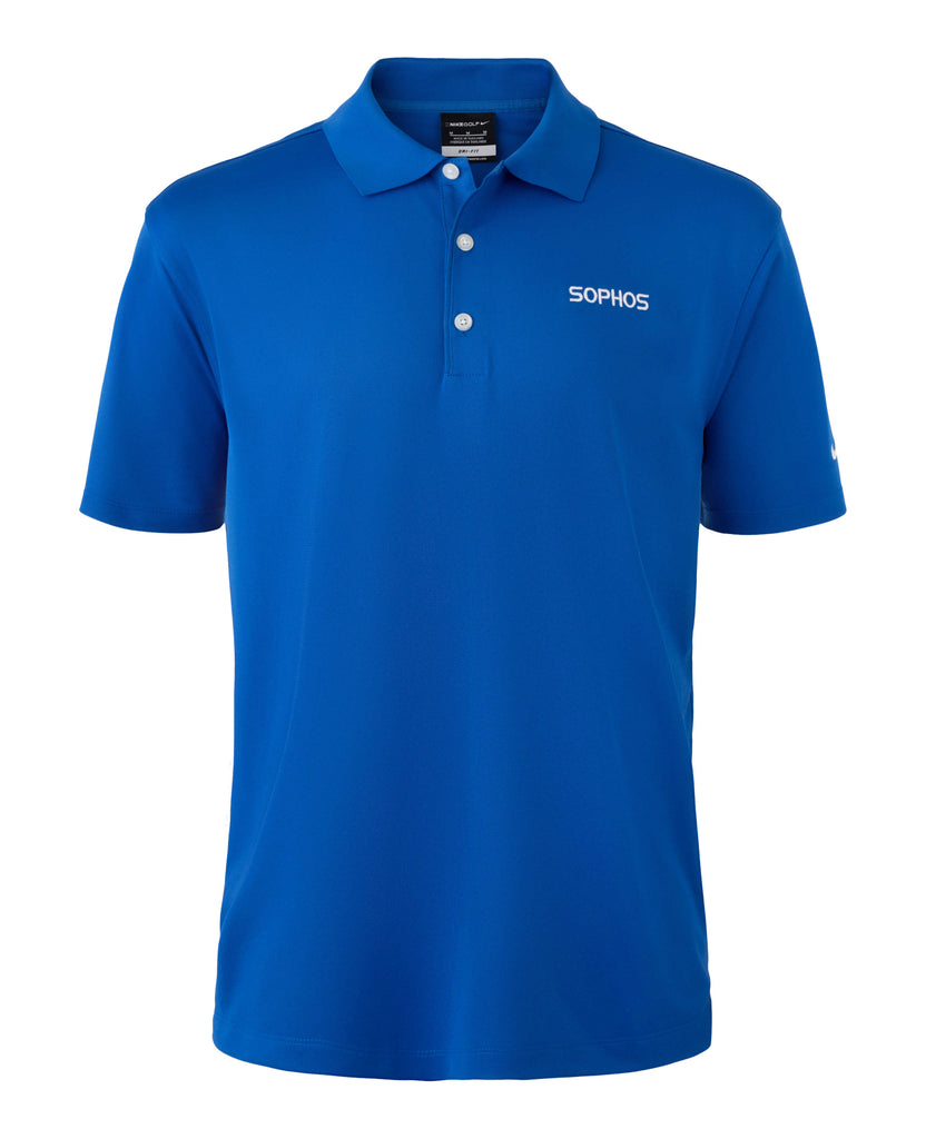 blue button down polo with white sophos text logo on upper left chest