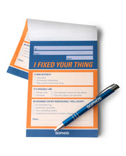 blue and orange notepad with "I fixed your thing" text - blue sophos pen on top