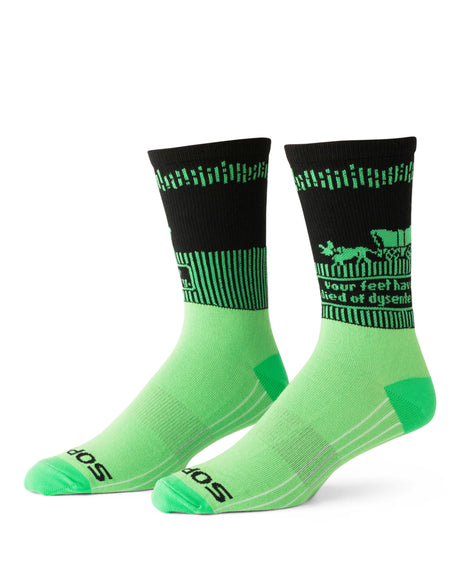 green and black socks with oregon trail design