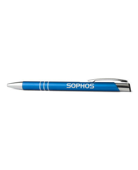 blue and silver pen with white Sophos text logo