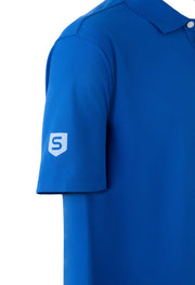 blue polo right sleeve view with S shield logo