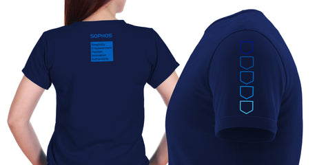 navy shirt with sophos values on upper back and column of blue open multi-shields down left sleeve